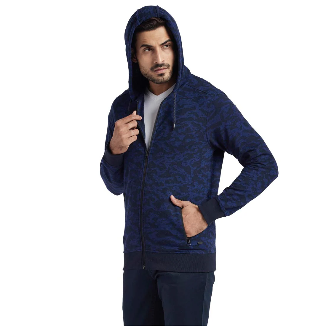 Men Navy Tailored Fit Jacquard Cotton Full Sleeve Sweatshirts - Image 3