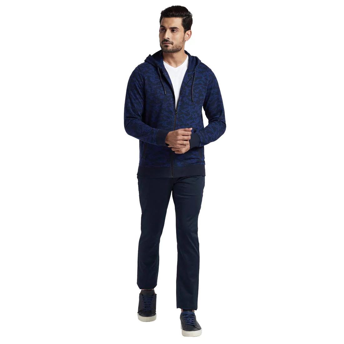 Men Navy Tailored Fit Jacquard Cotton Full Sleeve Sweatshirts - Image 5