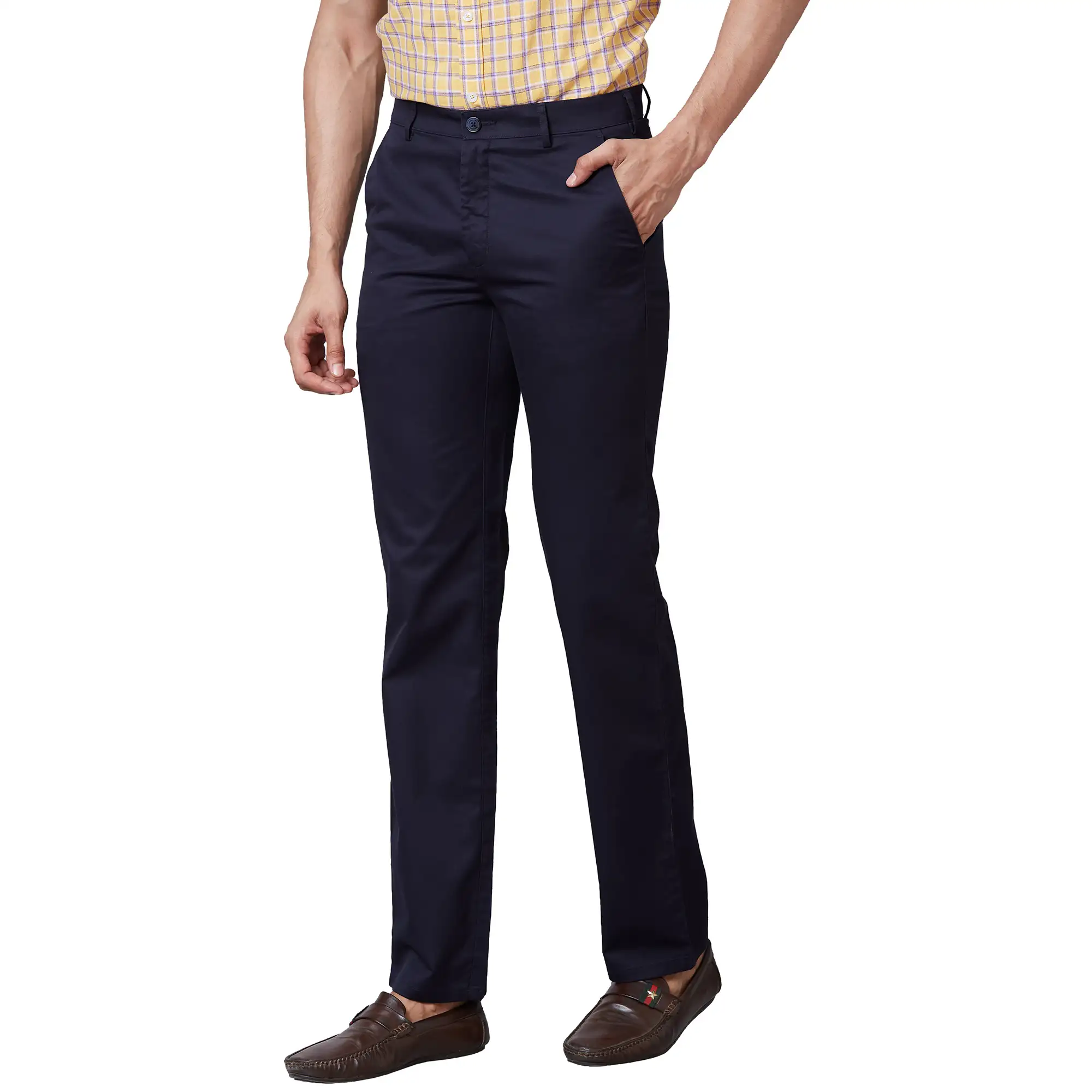 Men Navy Tailored Fit Plain Cotton Trouser - Image 3