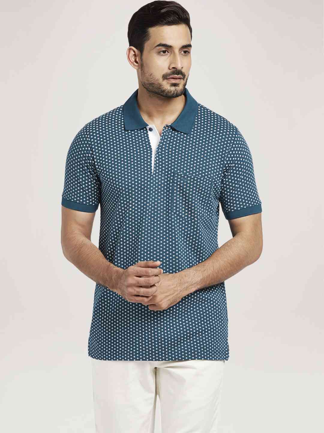 Men Navy Tailored Fit Print Cotton Half Sleeve T-Shirt