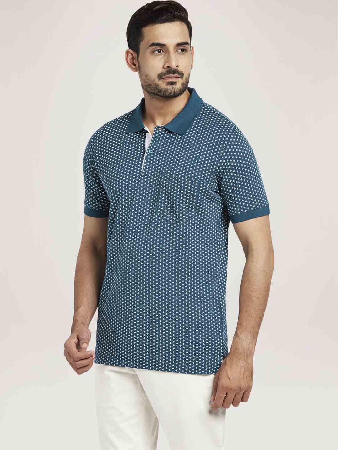 Men Navy Tailored Fit Print Cotton Half Sleeve T-Shirt - Image 2