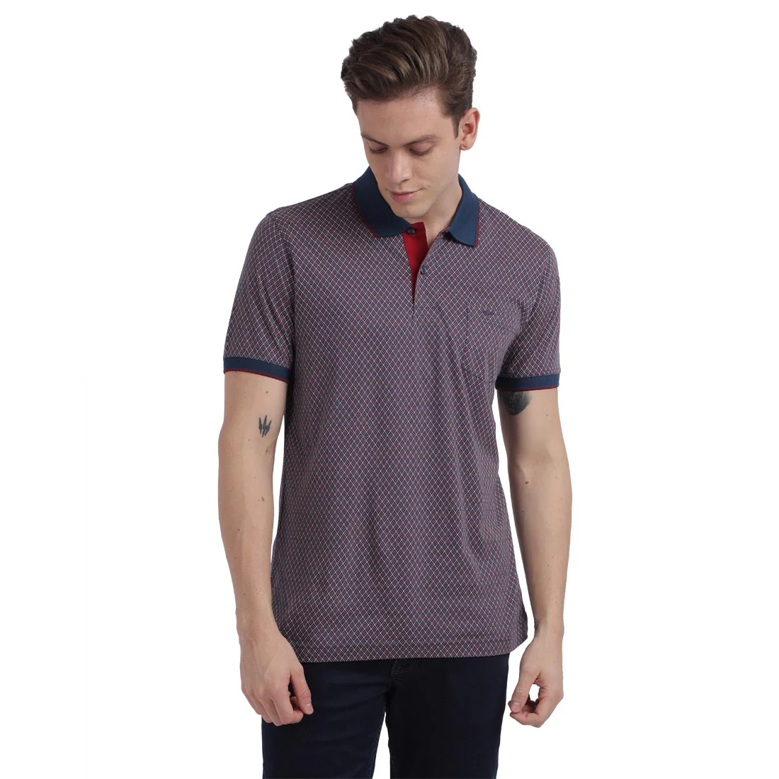 Men Navy Tailored Fit Print Cotton Half Sleeve T-Shirt
