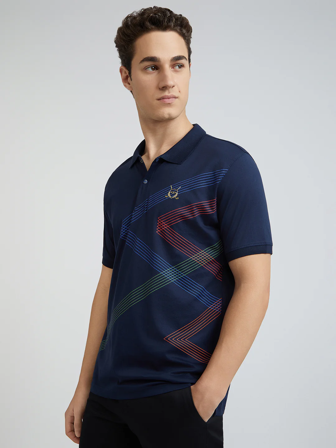 Colorplus Men Navy Tailored Fit Printed Polo Neck Collar T-Shirt - Image 3