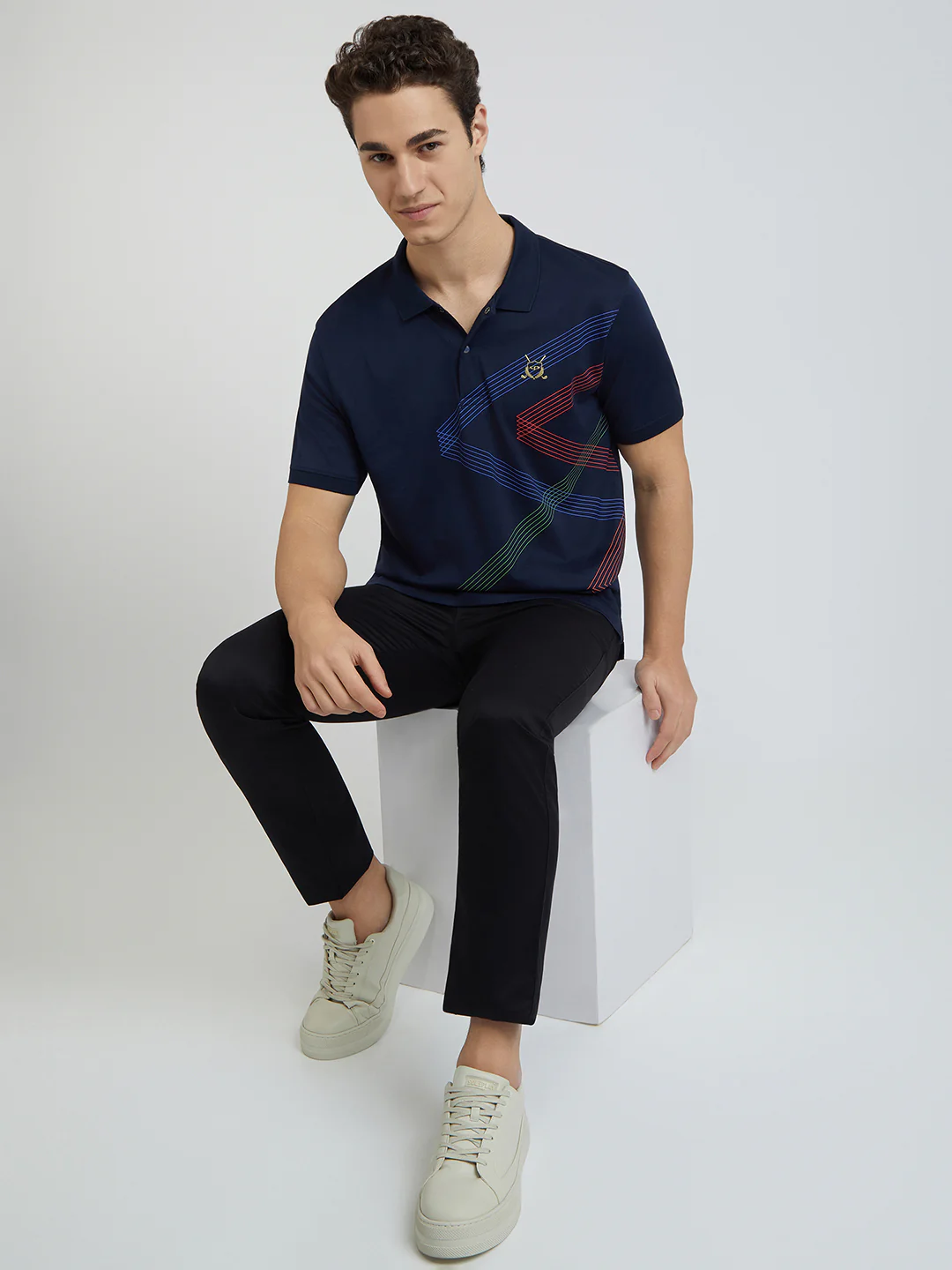 Colorplus Men Navy Tailored Fit Printed Polo Neck Collar T-Shirt - Image 5