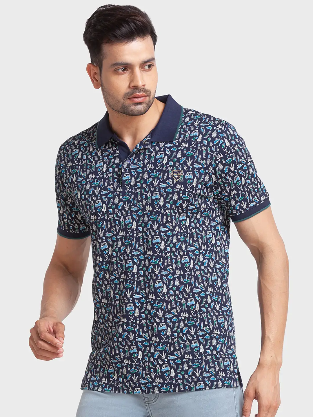 Men Navy Tailored Fit Print Cotton Half Sleeve T-Shirt - Image 3