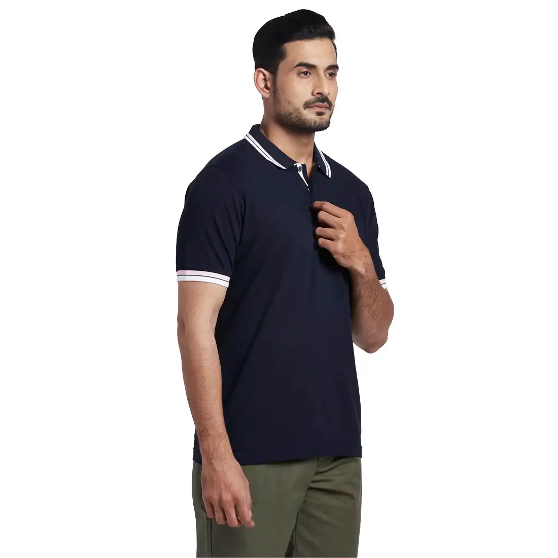 Men Navy Tailored Fit Solid Cotton Blend Half Sleeve T-Shirt - Image 2