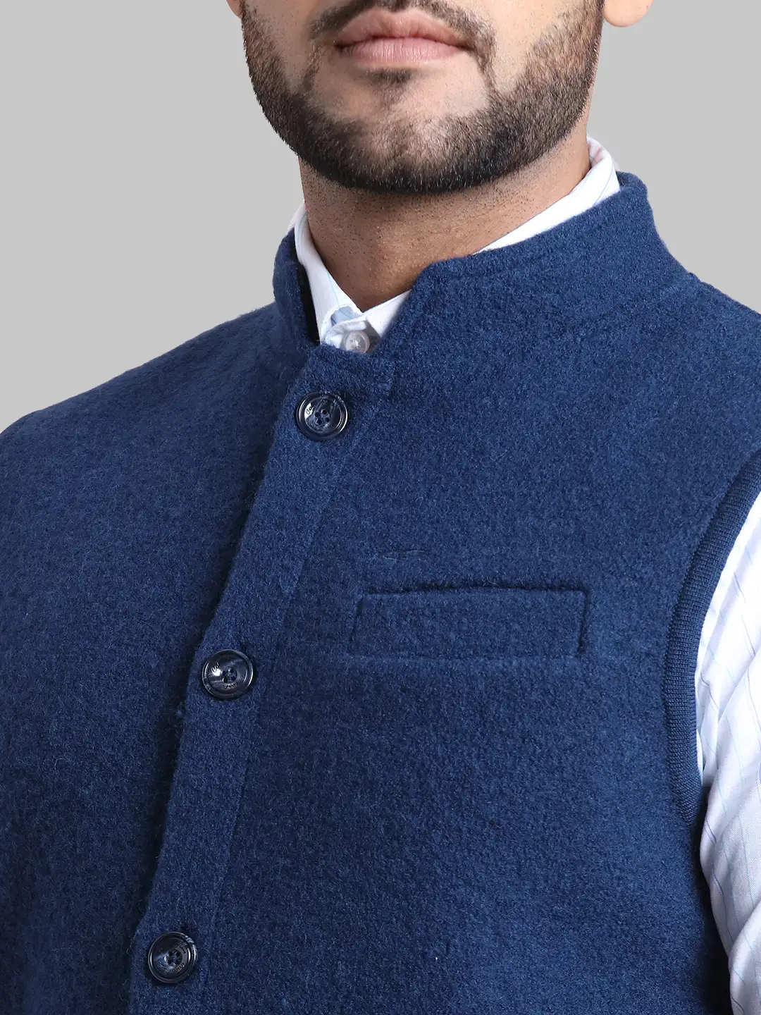 Men Navy Tailored Fit Solid Merino Wool Sleeveless Outer Wear - Image 6