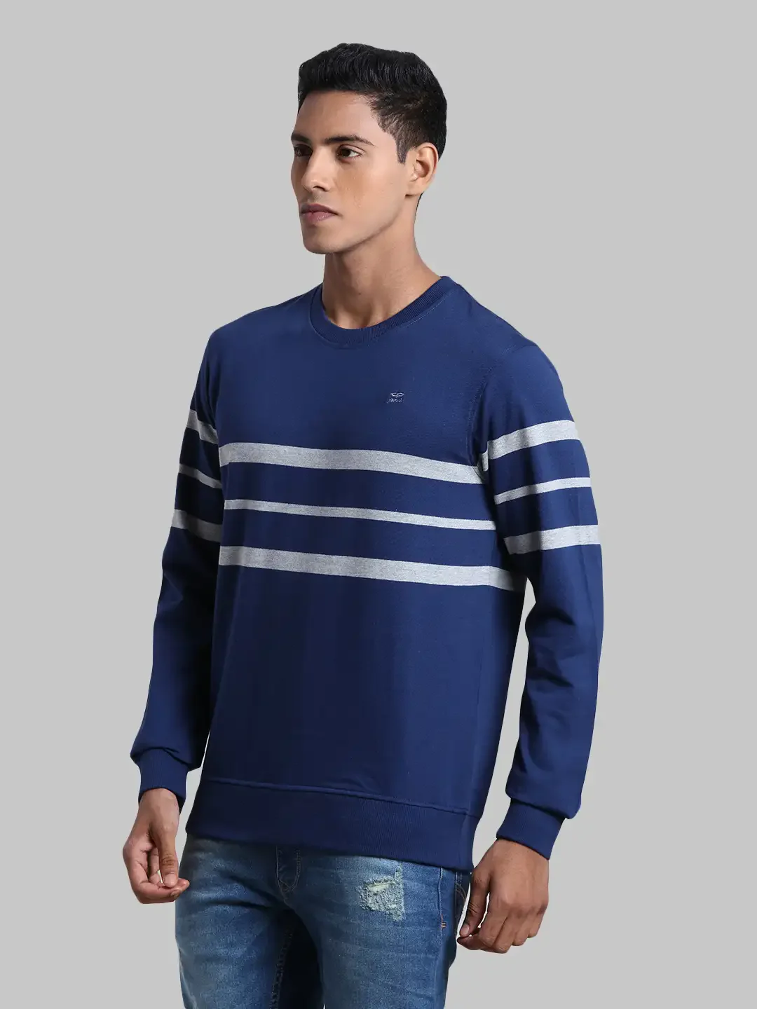 Men Navy Tailored Fit Stripe Cotton Full Sleeve Round Collar Sweatshirts - Image 3