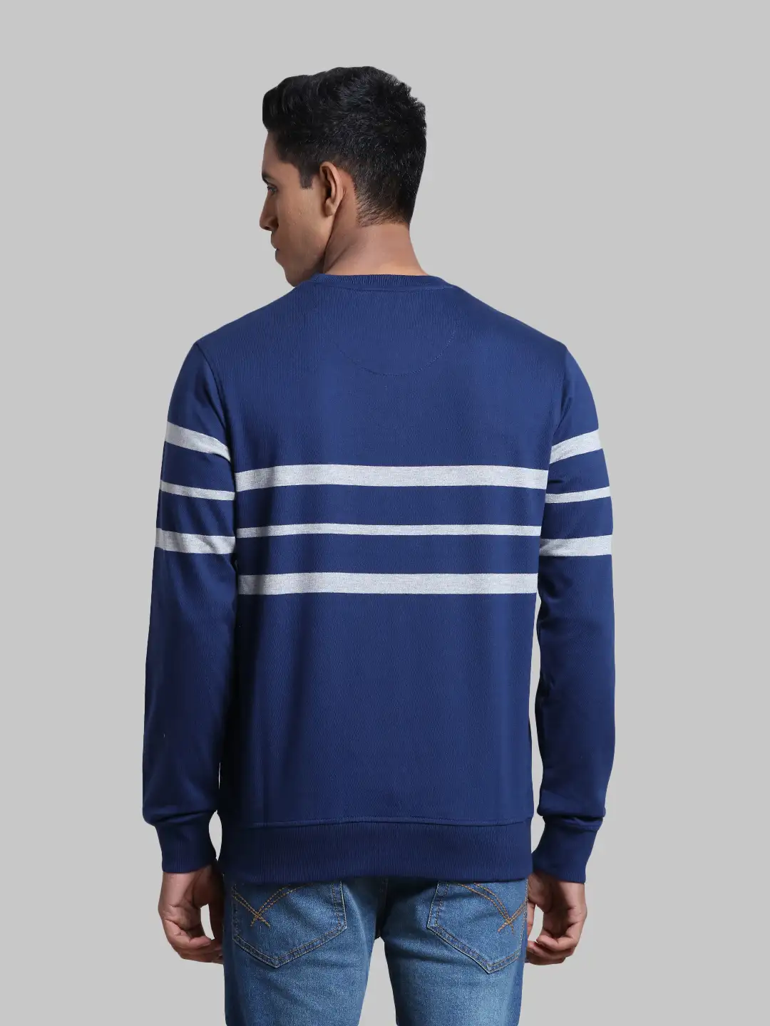 Men Navy Tailored Fit Stripe Cotton Full Sleeve Round Collar Sweatshirts - Image 4