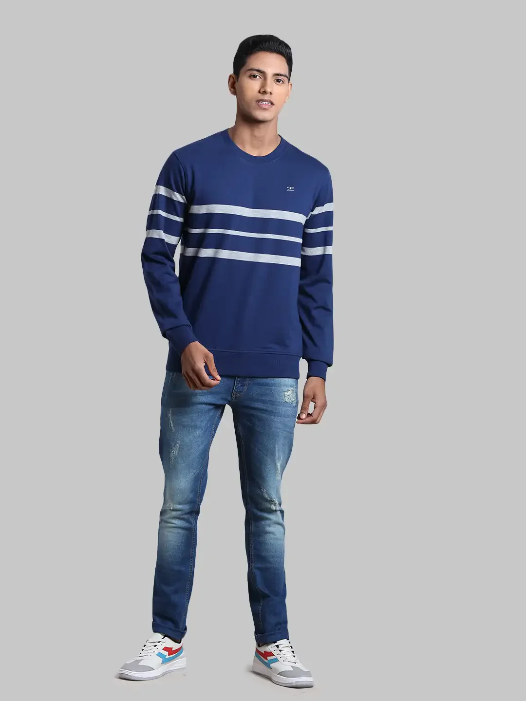 Men Navy Tailored Fit Stripe Cotton Full Sleeve Round Collar Sweatshirts - Image 5