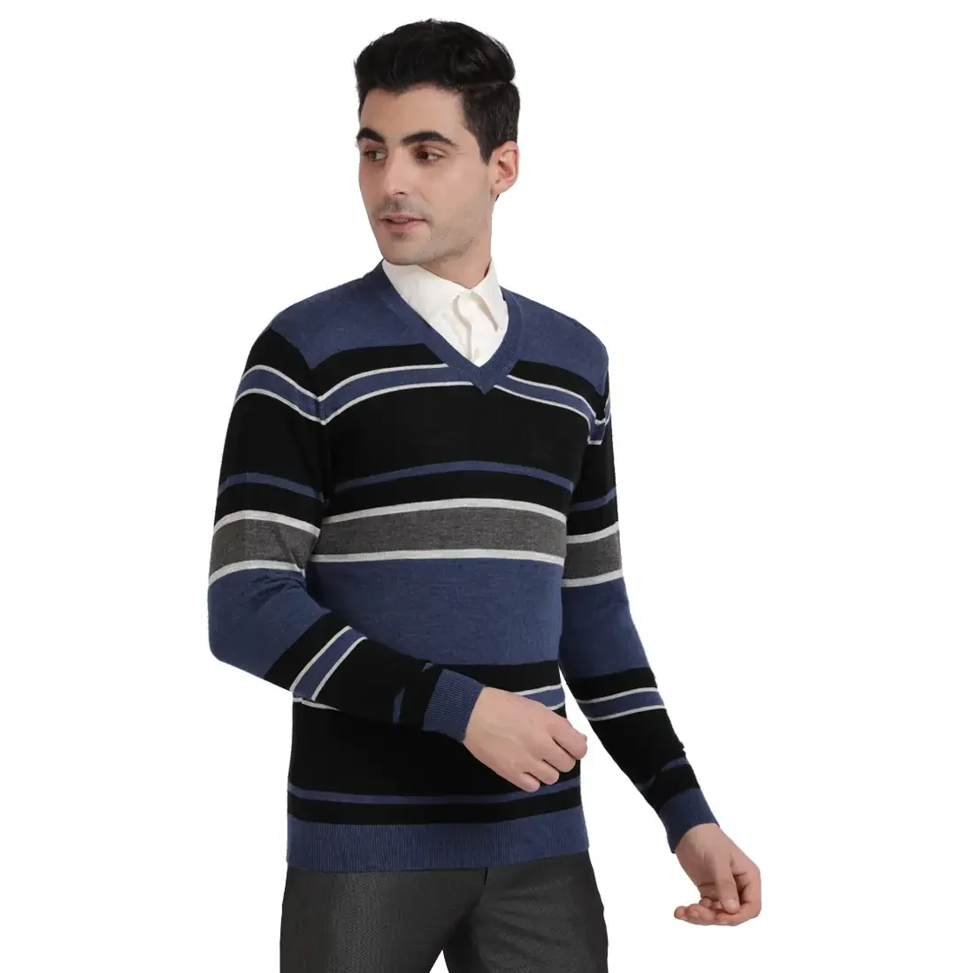 Men Navy Tailored Fit Stripe Cotton Full Sleeve V Neck Collar Sweaters - Image 2