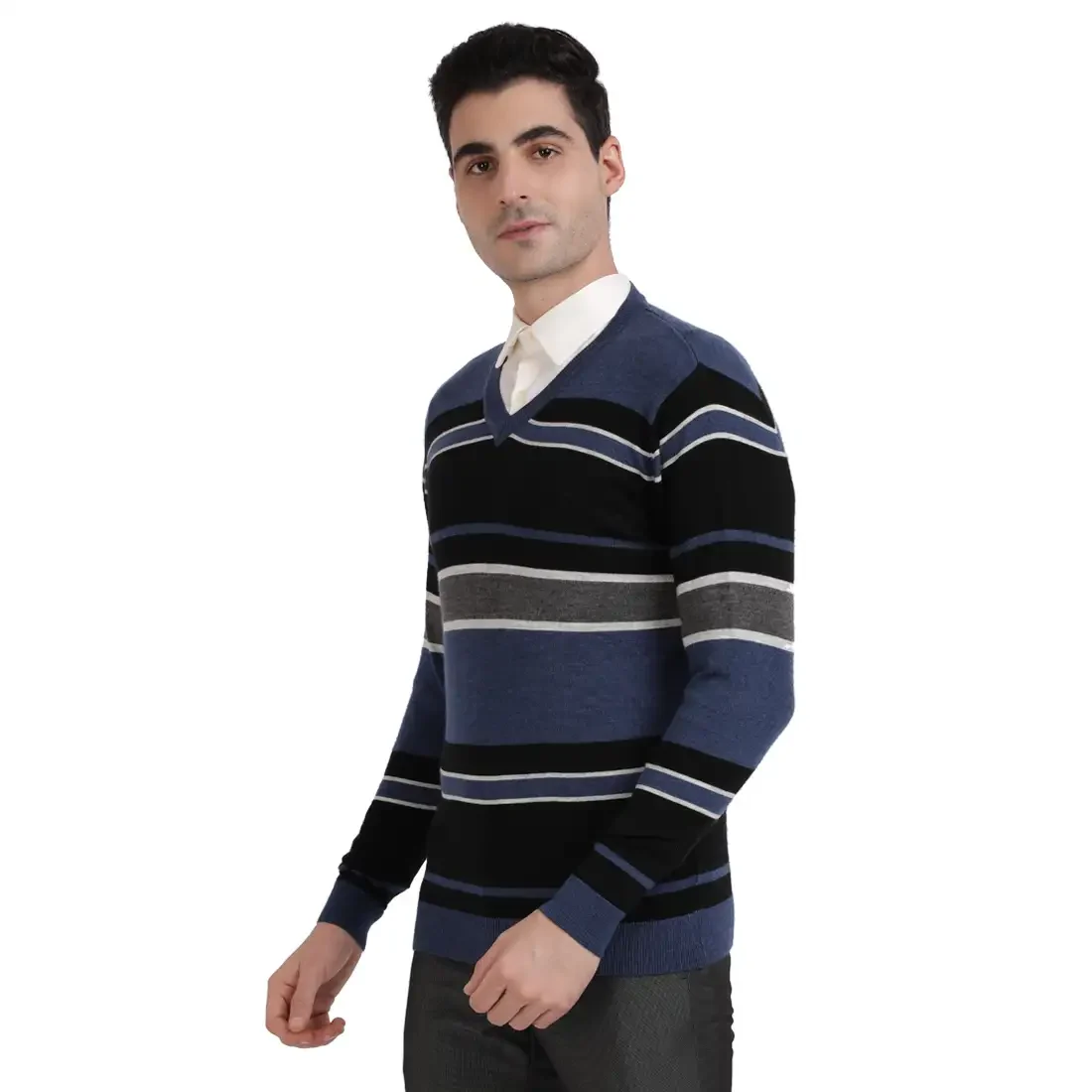 Men Navy Tailored Fit Stripe Cotton Full Sleeve V Neck Collar Sweaters - Image 3