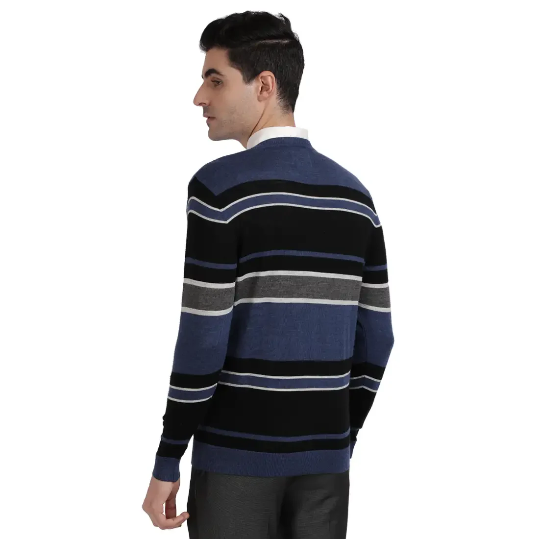 Men Navy Tailored Fit Stripe Cotton Full Sleeve V Neck Collar Sweaters - Image 4