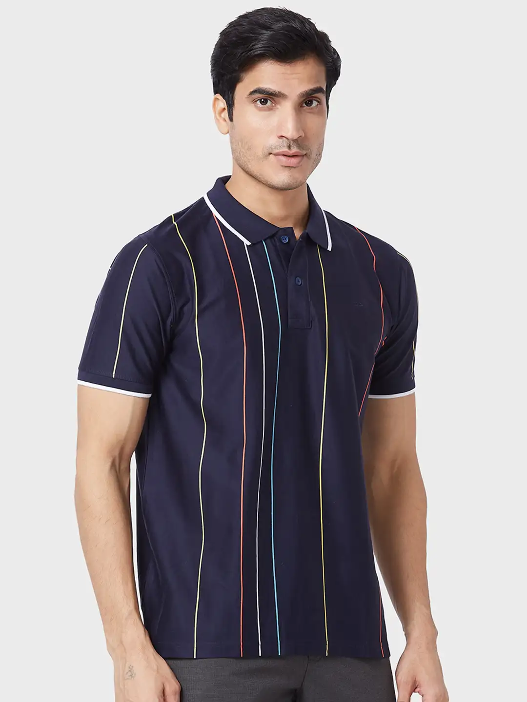 Men Navy Tailored Fit Stripe Cotton Half Sleeve T-Shirt - Image 2