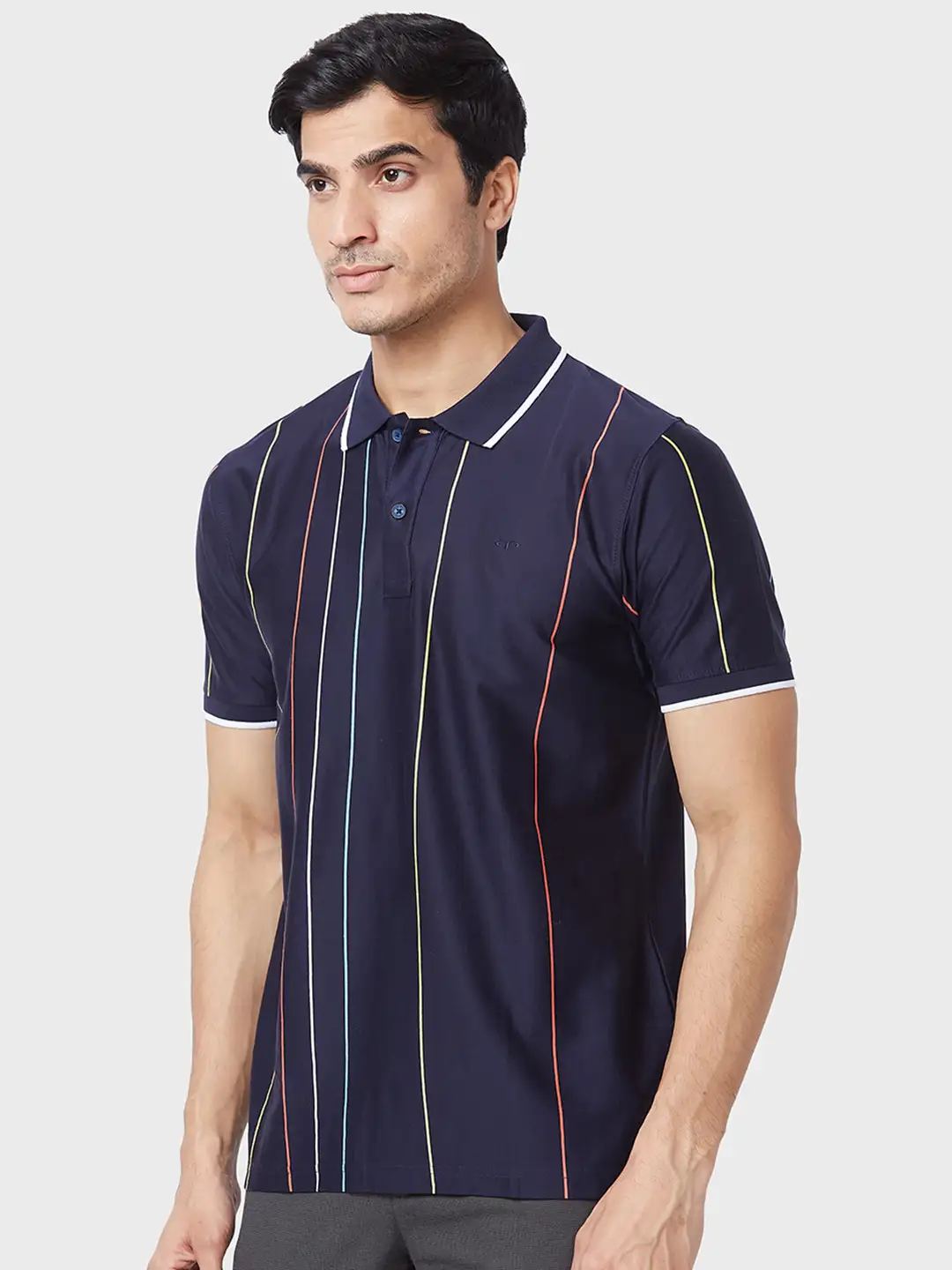 Men Navy Tailored Fit Stripe Cotton Half Sleeve T-Shirt - Image 3