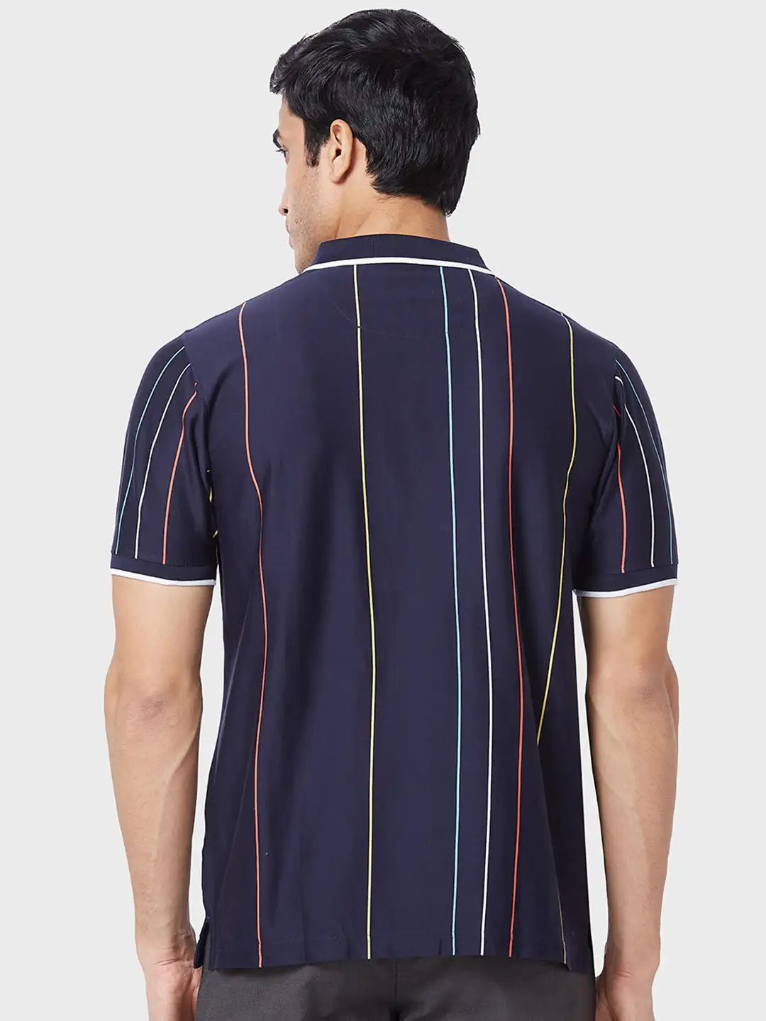 Men Navy Tailored Fit Stripe Cotton Half Sleeve T-Shirt - Image 4