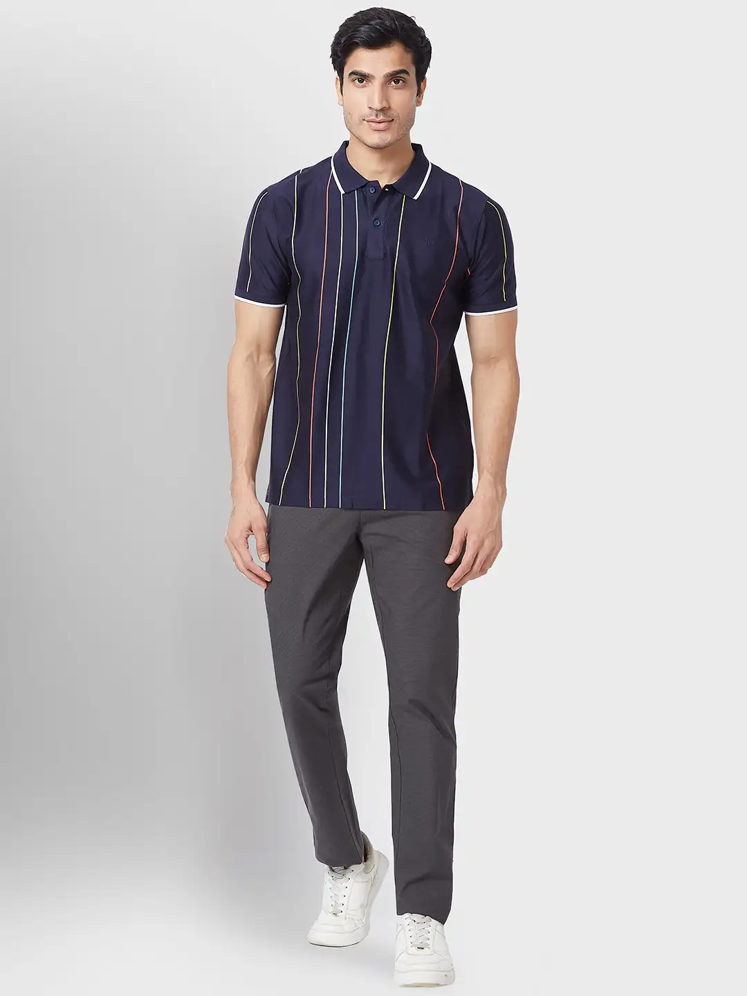 Men Navy Tailored Fit Stripe Cotton Half Sleeve T-Shirt - Image 5
