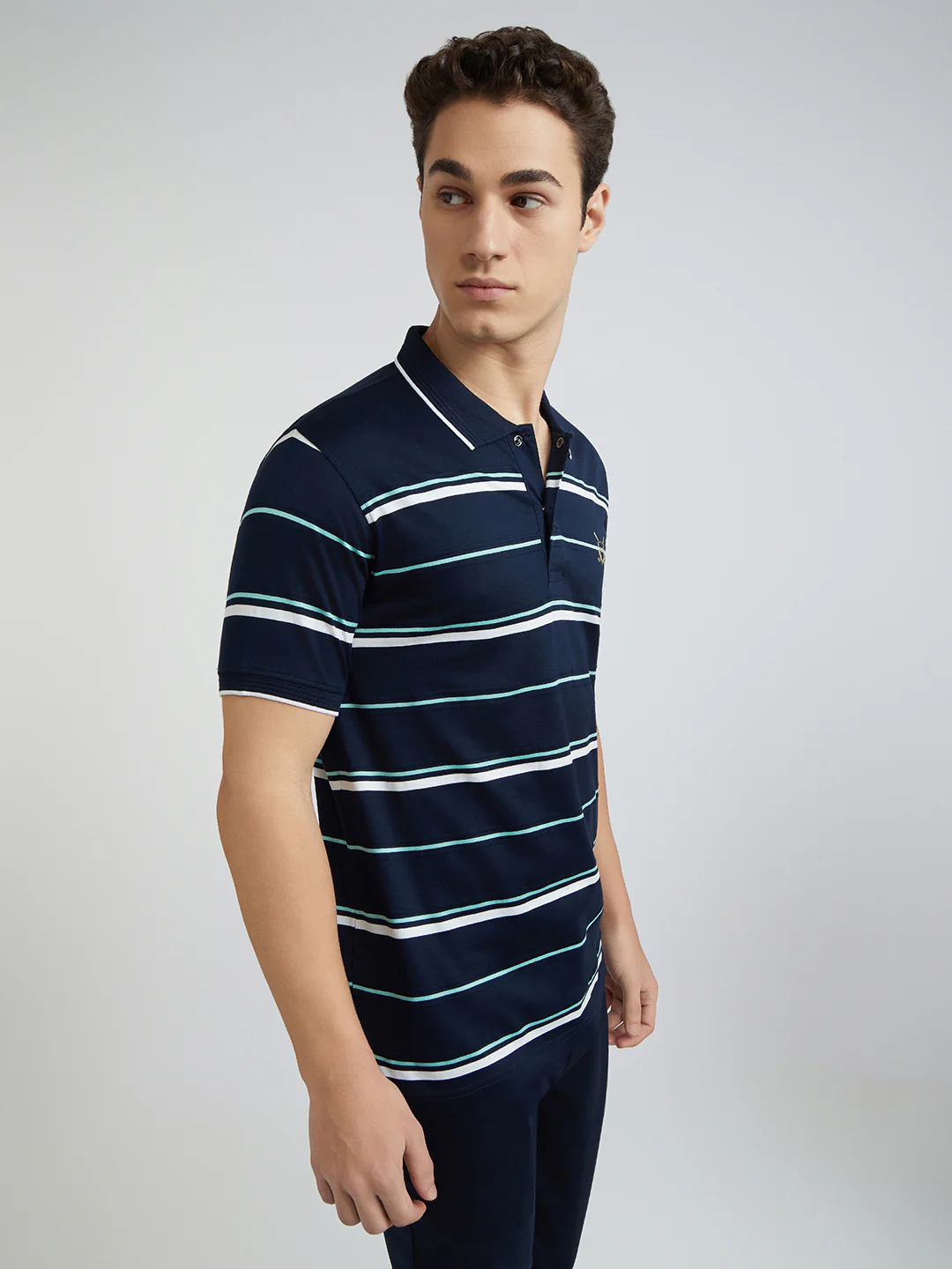 Men Navy Tailored Fit Stripe Engineered Cotton Half Sleeve T-Shirt - Image 2