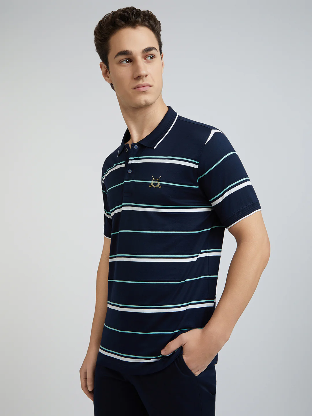Men Navy Tailored Fit Stripe Engineered Cotton Half Sleeve T-Shirt - Image 3