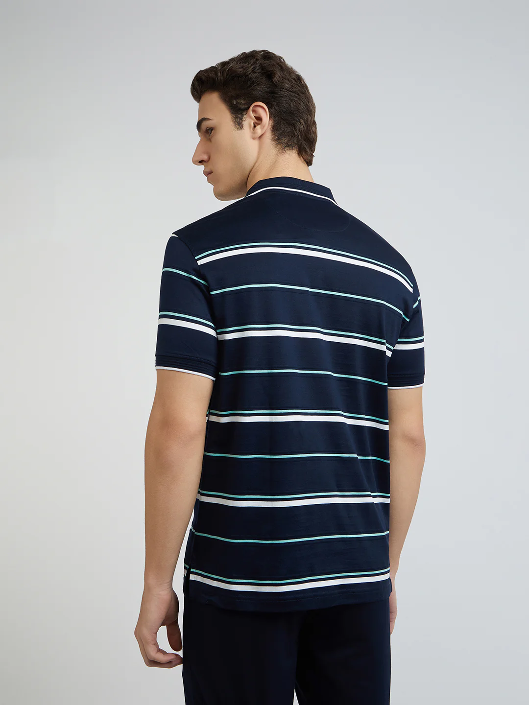 Men Navy Tailored Fit Stripe Engineered Cotton Half Sleeve T-Shirt - Image 5