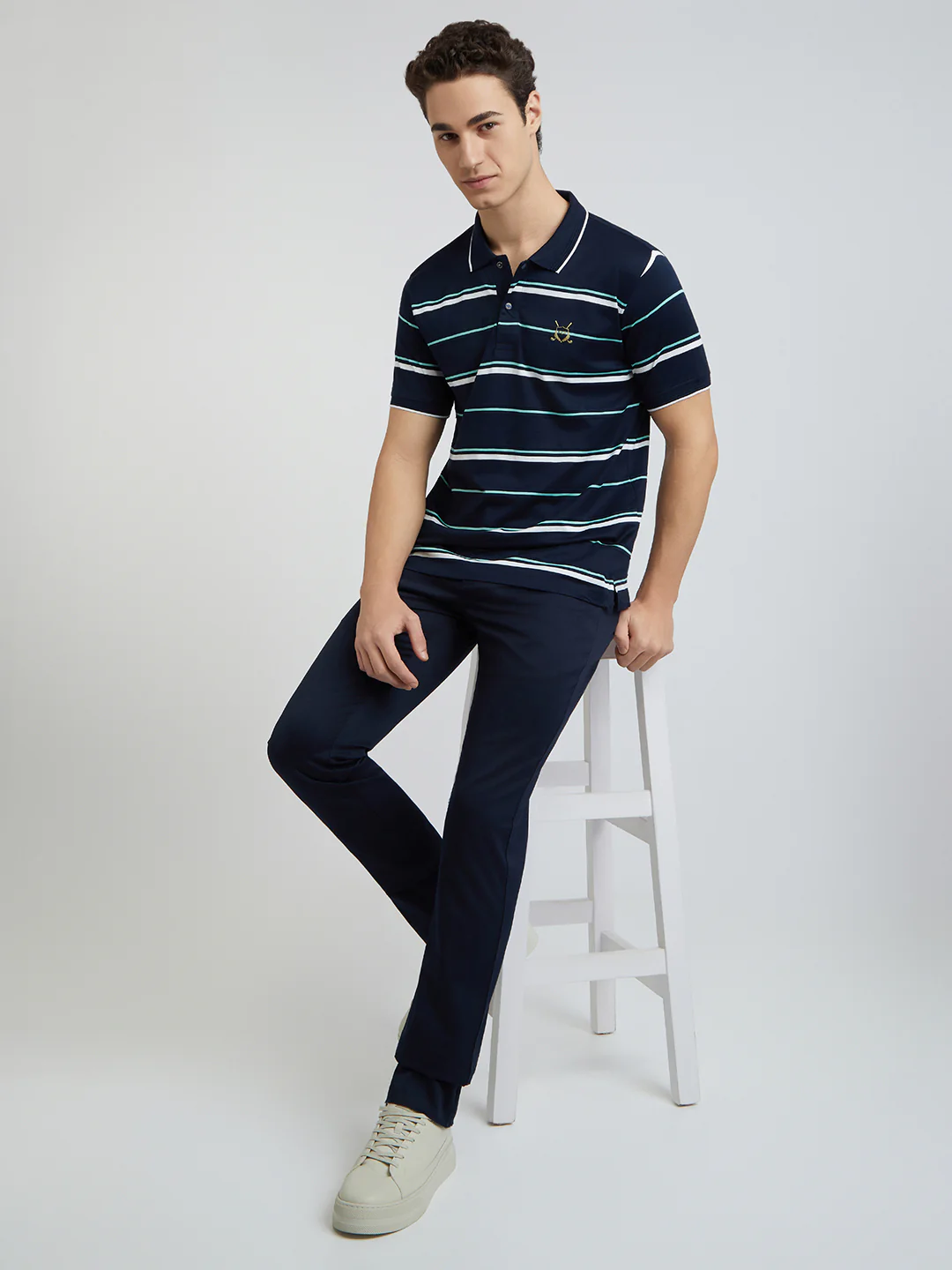 Men Navy Tailored Fit Stripe Engineered Cotton Half Sleeve T-Shirt - Image 6
