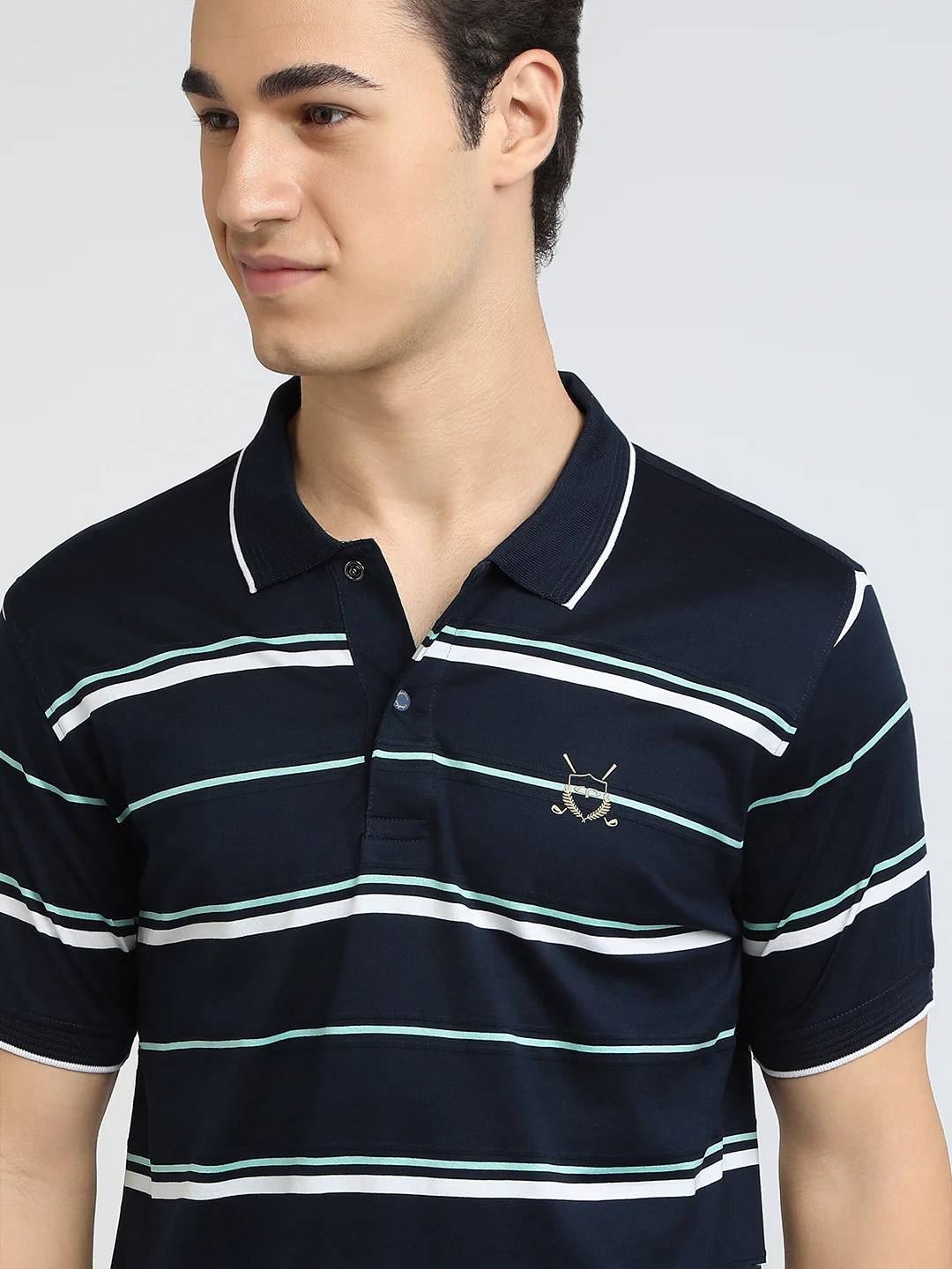 Men Navy Tailored Fit Stripe Engineered Cotton Half Sleeve T-Shirt - Image 7