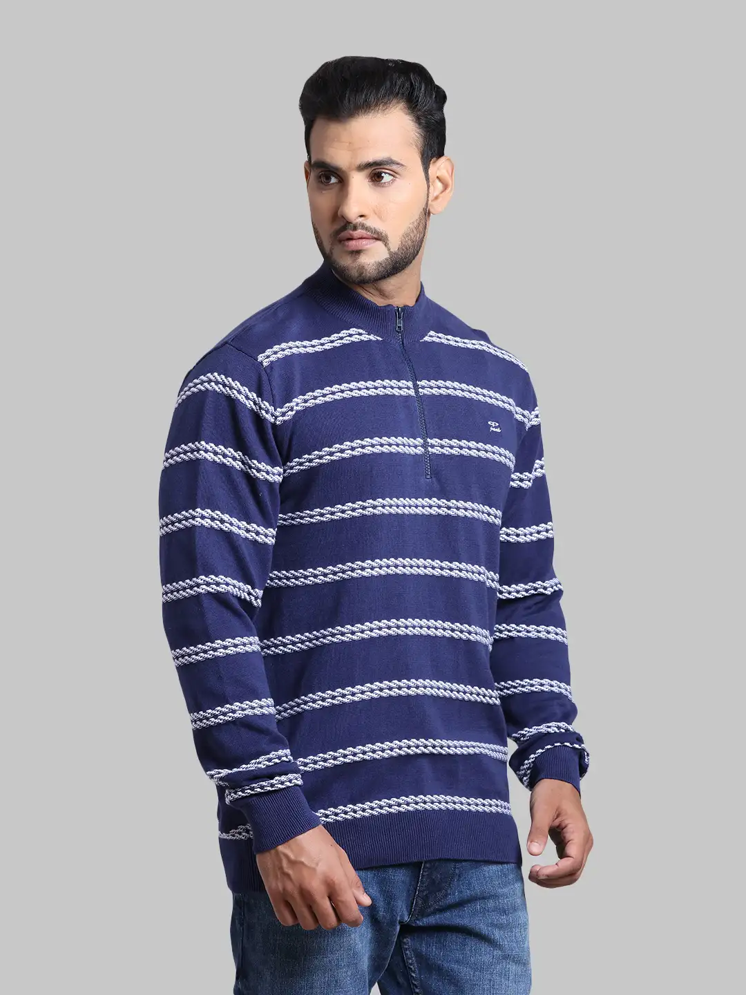 Men Navy Tailored Fit Structure Cotton Full Sleeve Henley Neck Collar Sweaters - Image 2