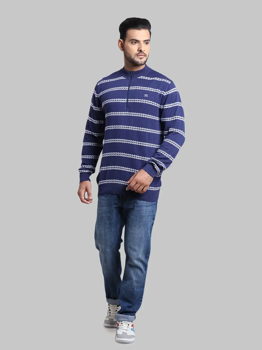 Men Navy Tailored Fit Structure Cotton Full Sleeve Henley Neck Collar Sweaters - Image 5
