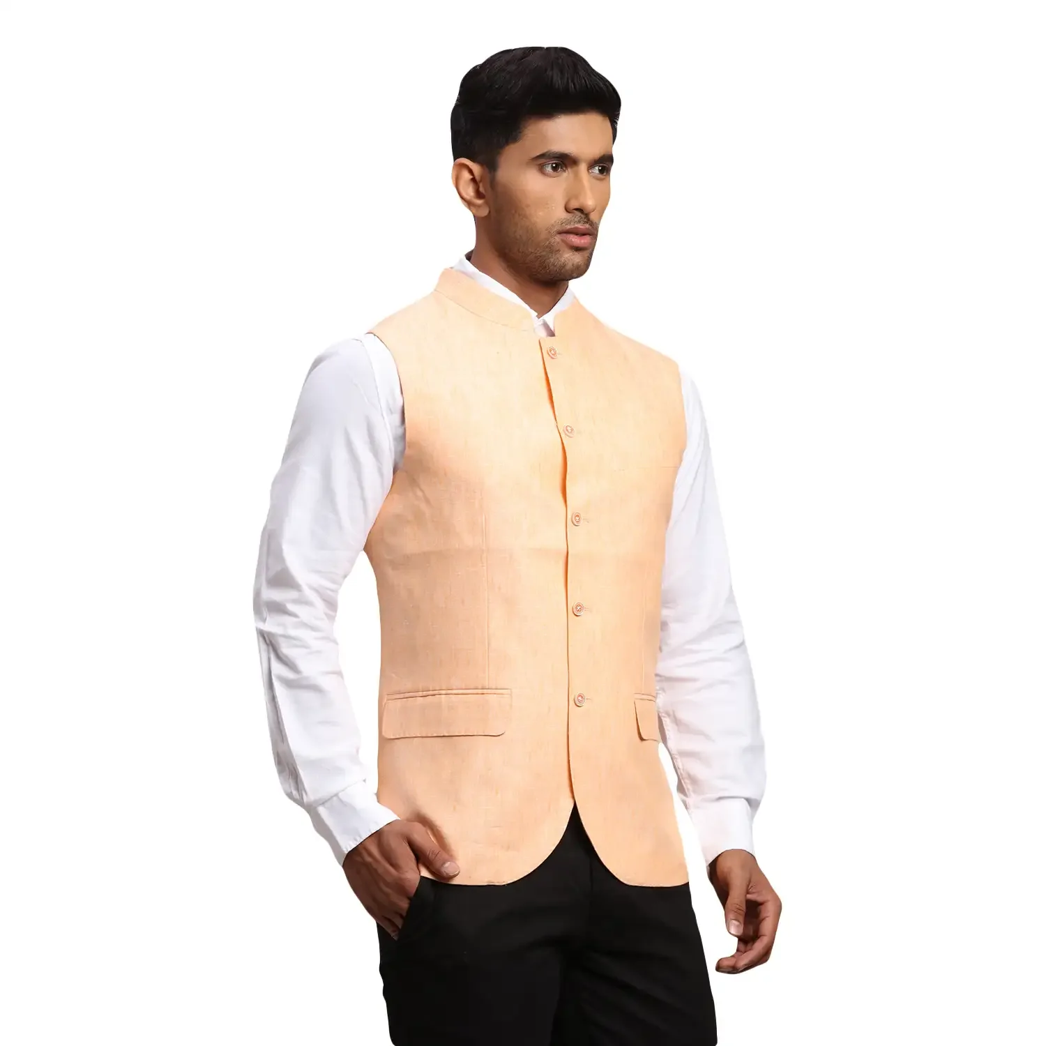 Men Orange Chambray Linen Waist Coat - Image 2