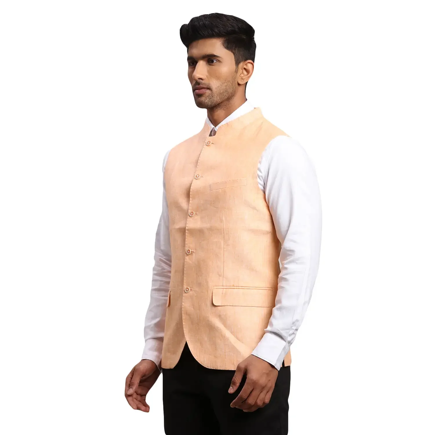 Men Orange Chambray Linen Waist Coat - Image 3