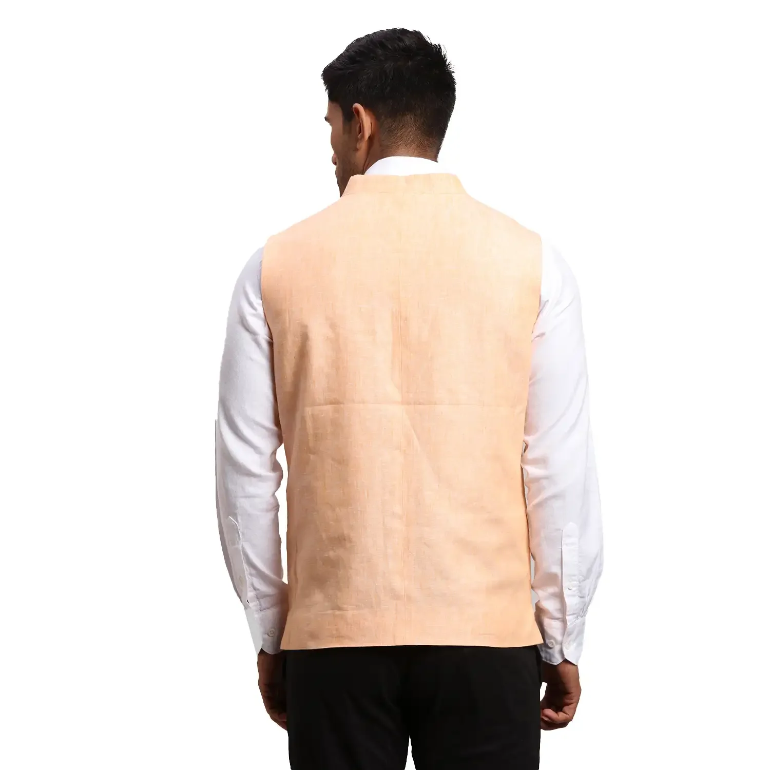 Men Orange Chambray Linen Waist Coat - Image 4