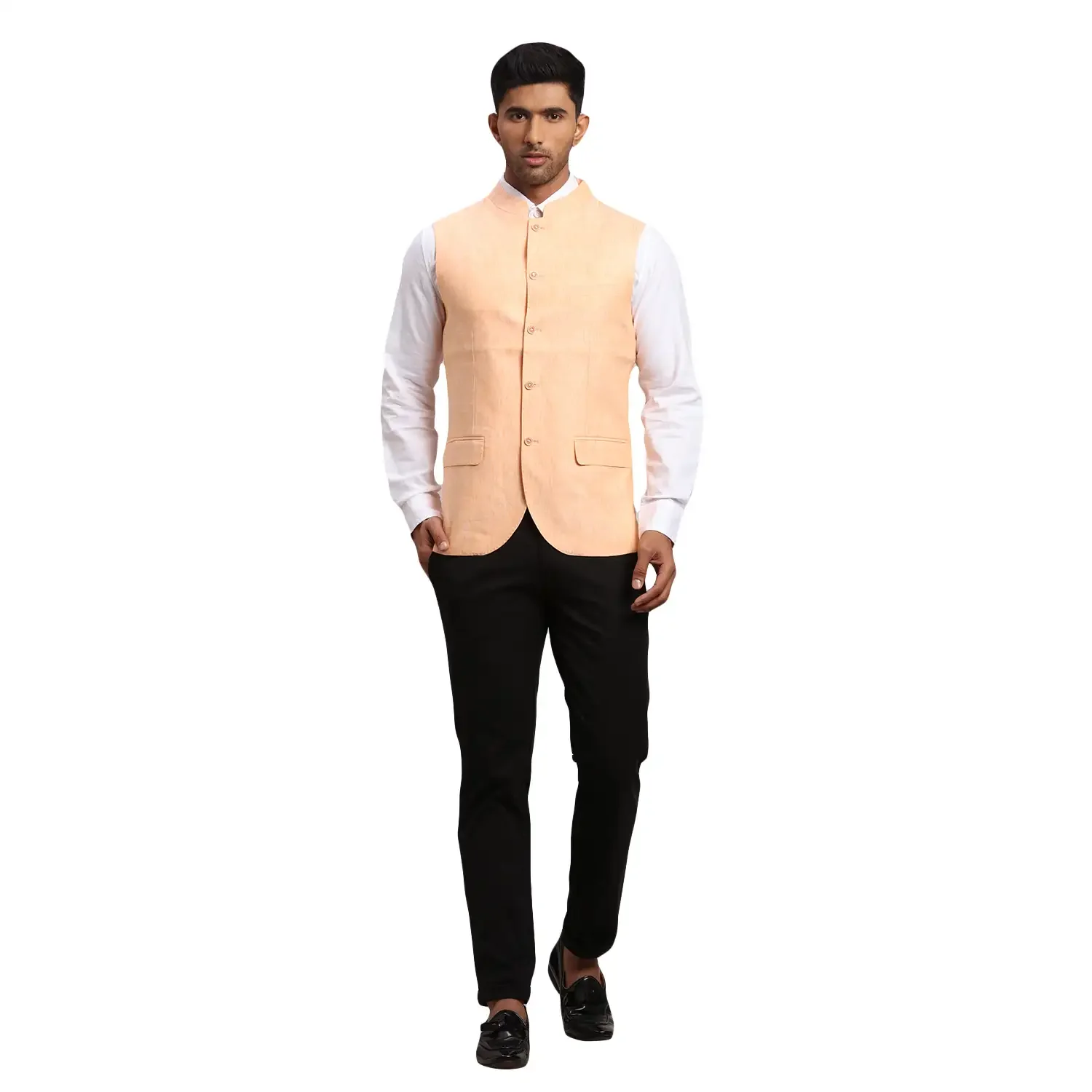 Men Orange Chambray Linen Waist Coat - Image 5