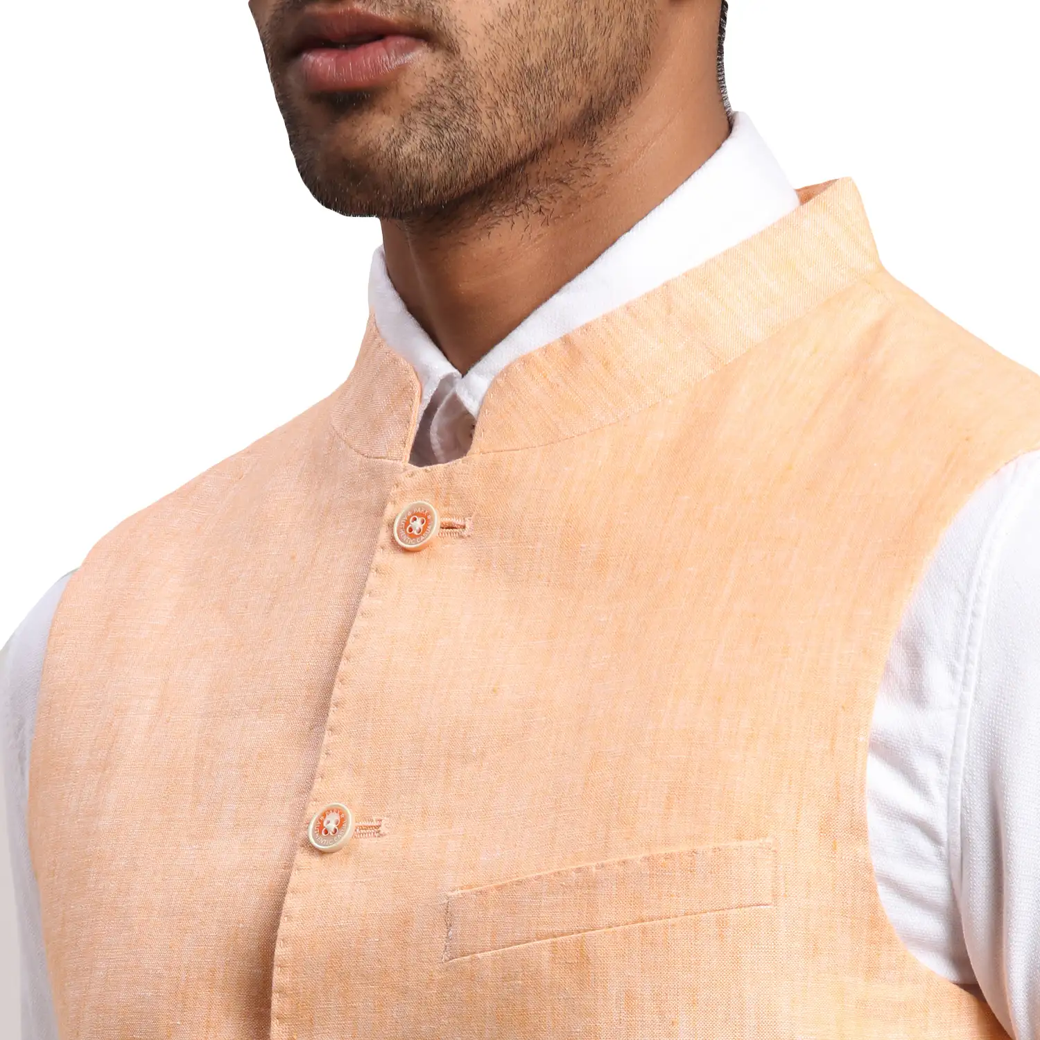 Men Orange Chambray Linen Waist Coat - Image 6
