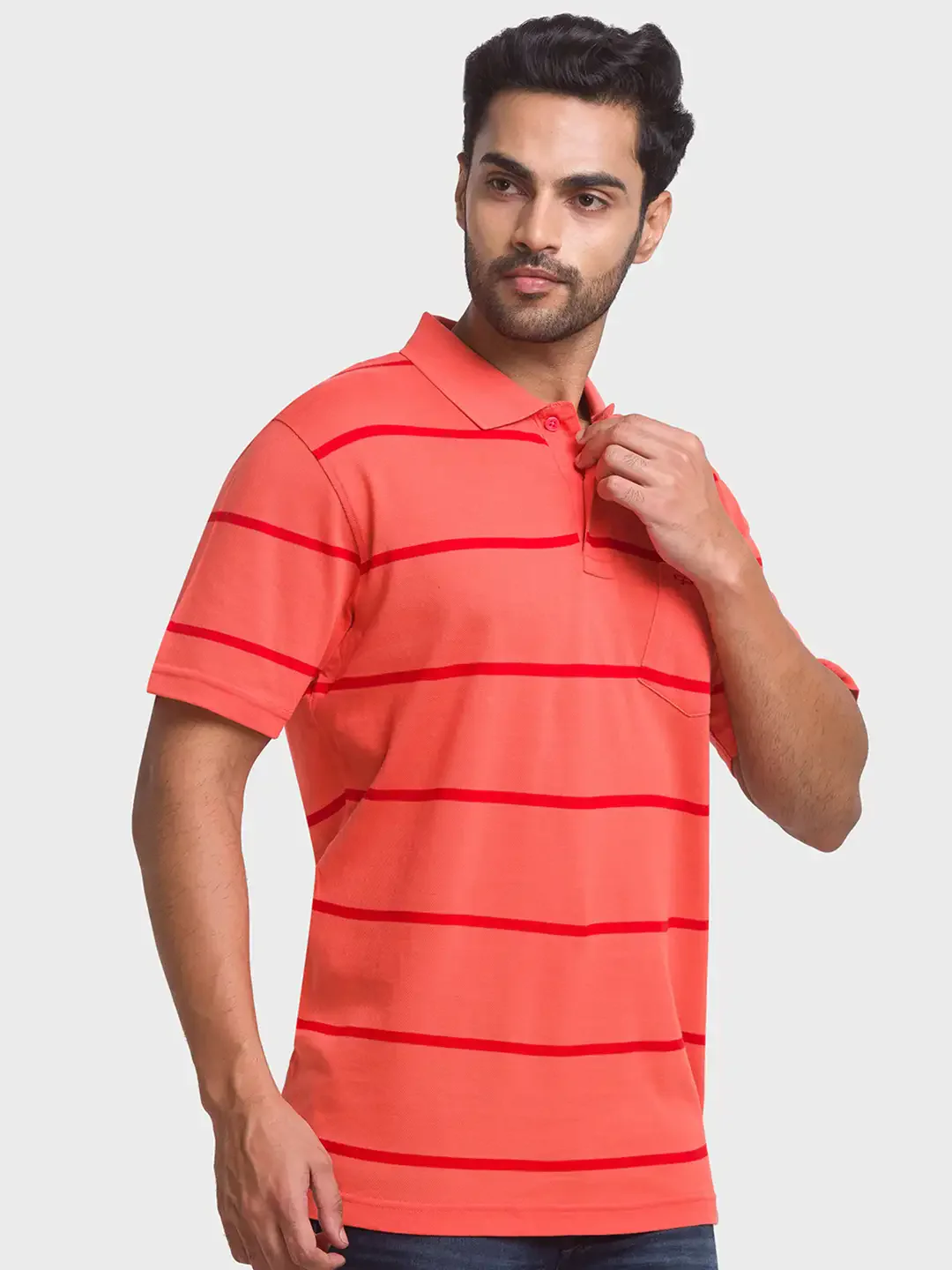Men Orange Classic Fit Stripe Cotton Half Sleeve T-Shirt - Image 2