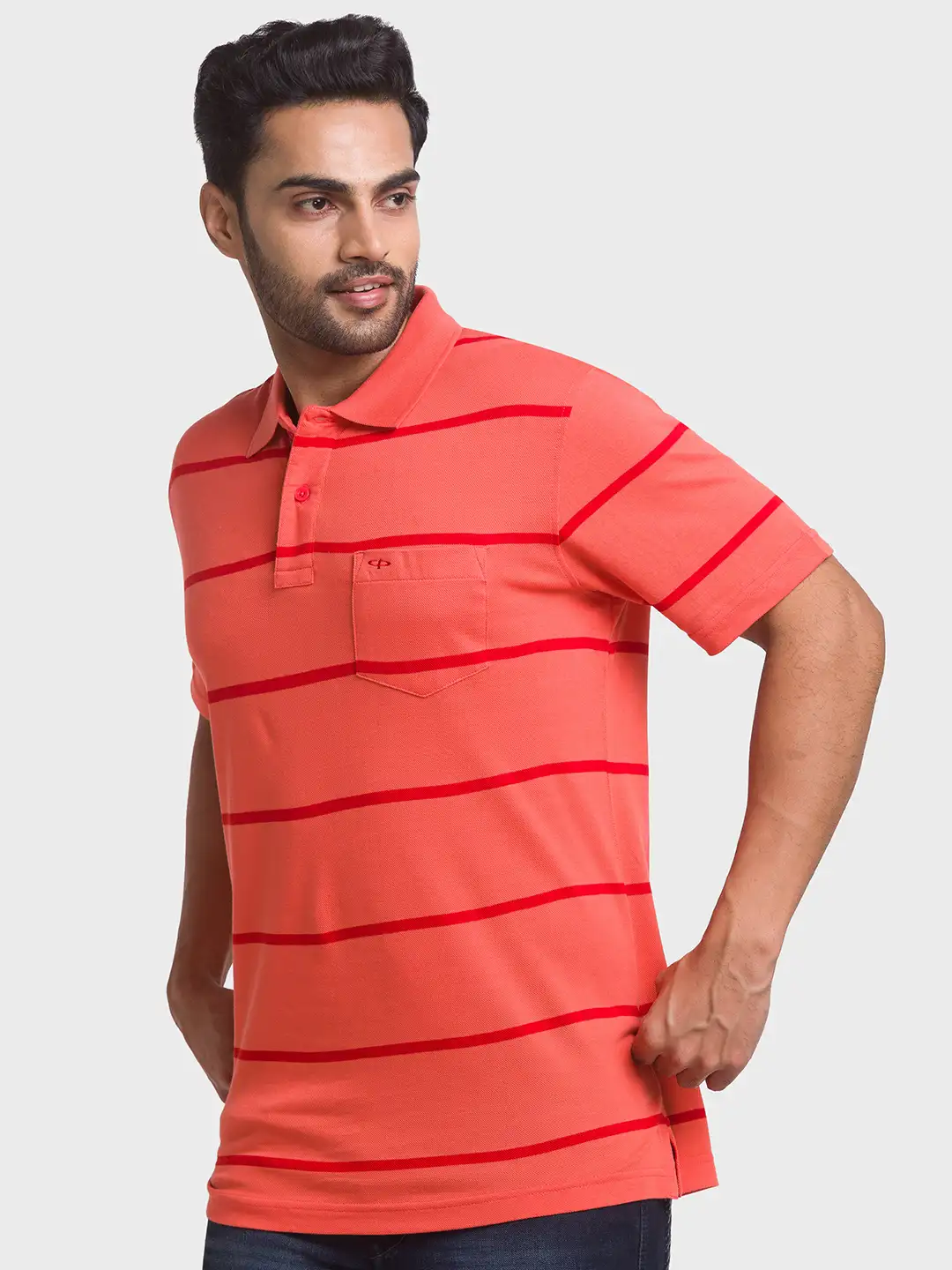 Men Orange Classic Fit Stripe Cotton Half Sleeve T-Shirt - Image 3
