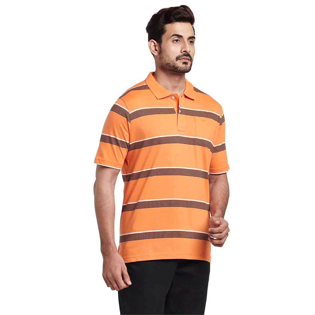 Men Orange Classic Fit Stripe Cotton Half Sleeve T-Shirt - Image 2