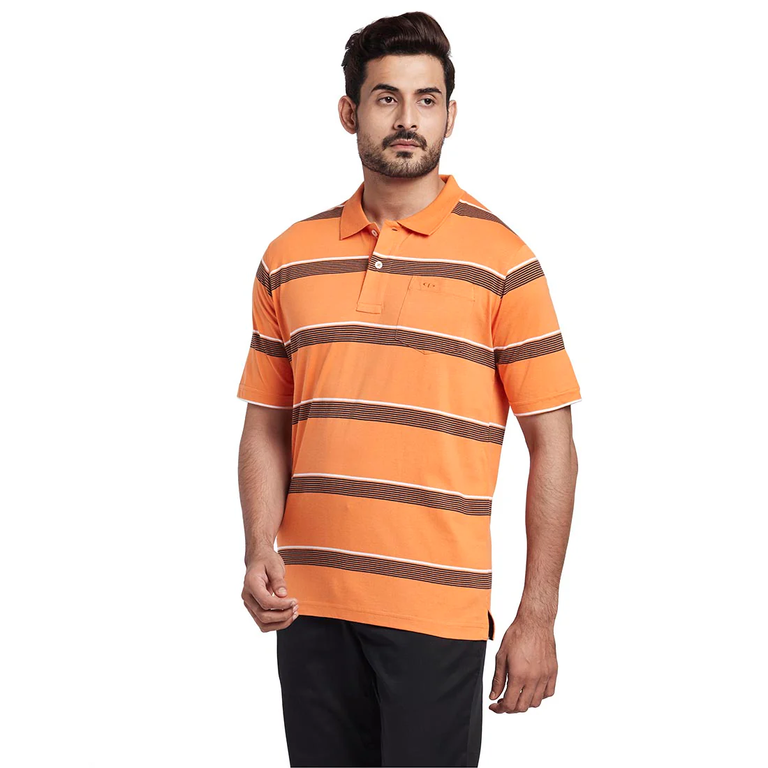 Men Orange Classic Fit Stripe Cotton Half Sleeve T-Shirt - Image 3
