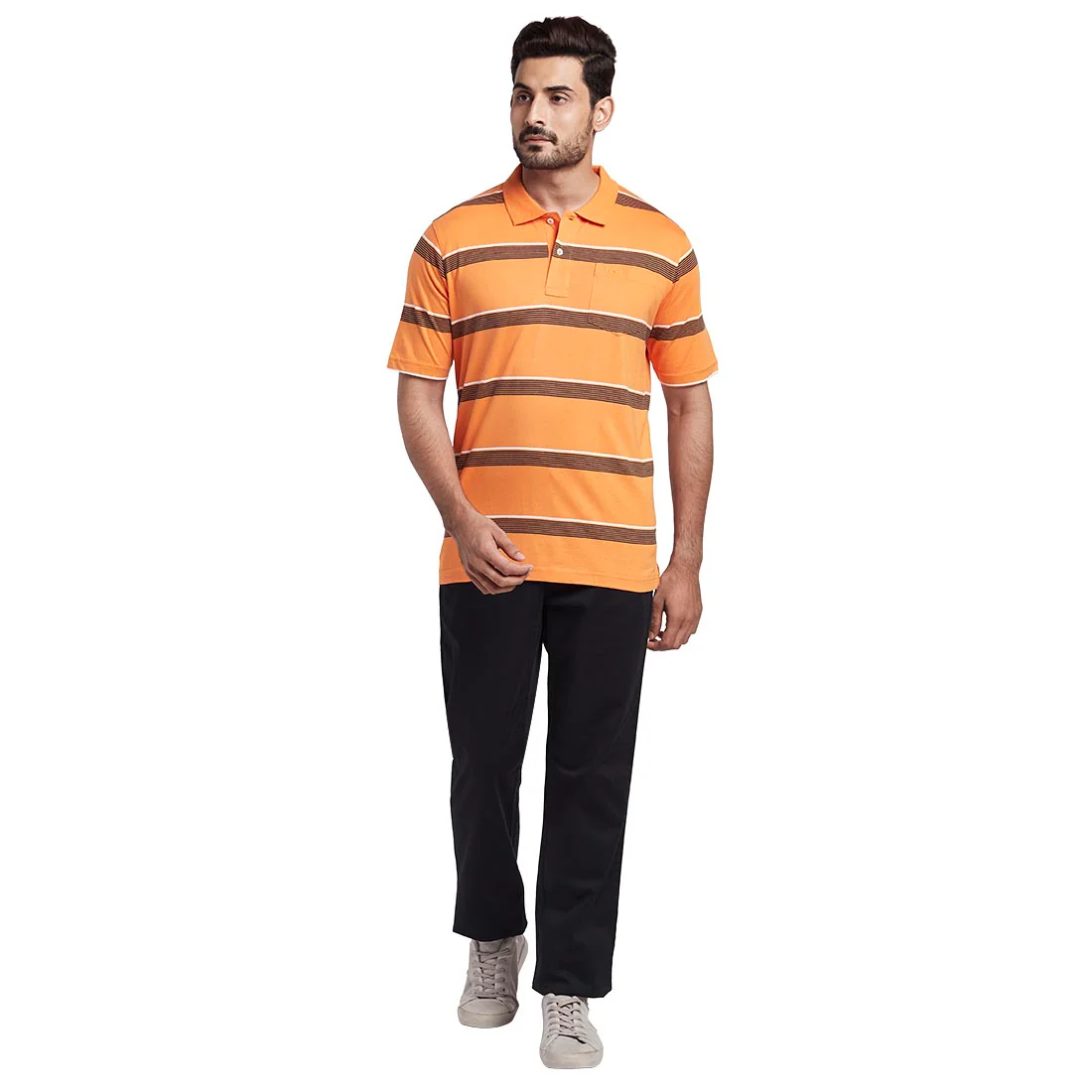 Men Orange Classic Fit Stripe Cotton Half Sleeve T-Shirt - Image 5