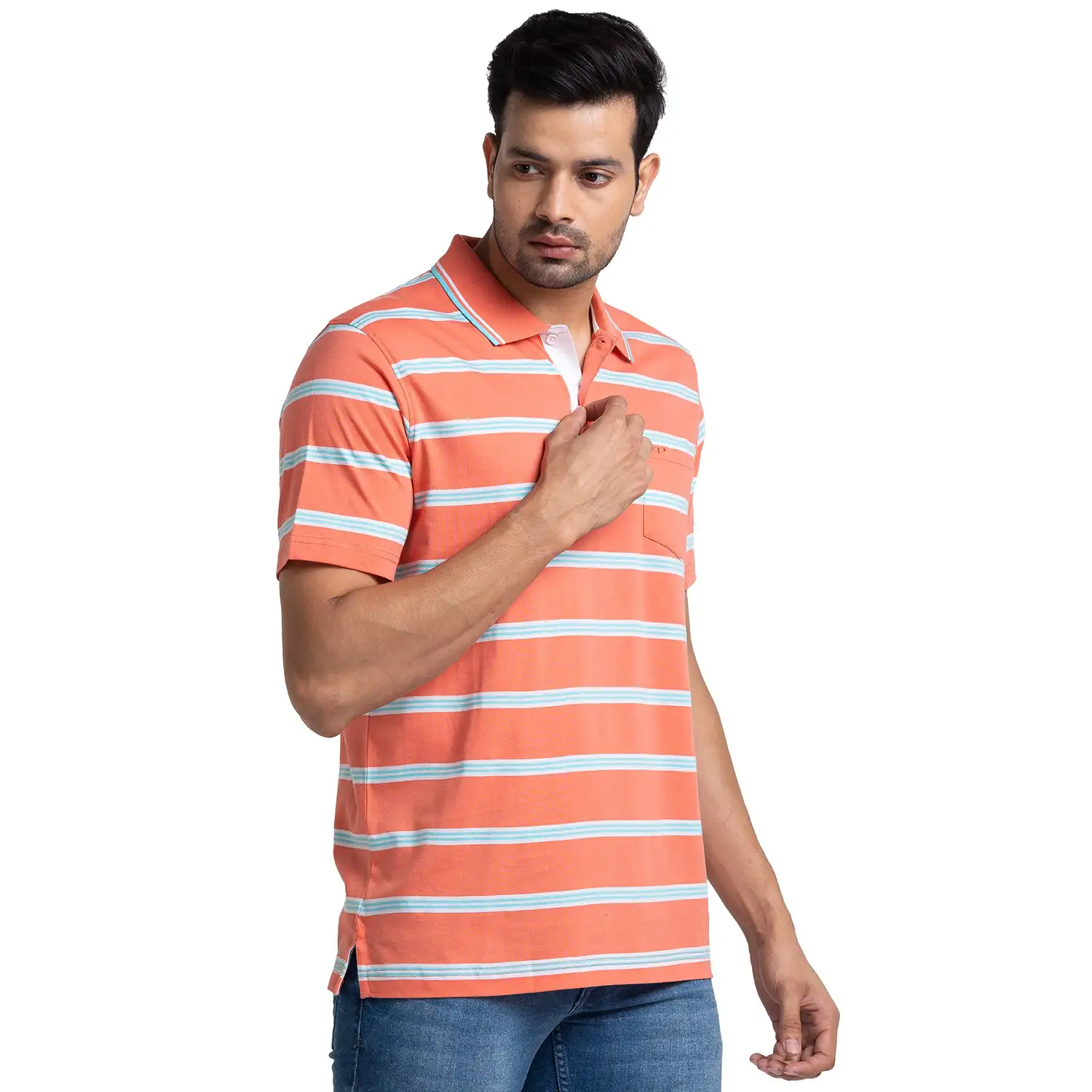 Men Orange Classic Fit Stripe Cotton Half Sleeve T-Shirt - Image 2