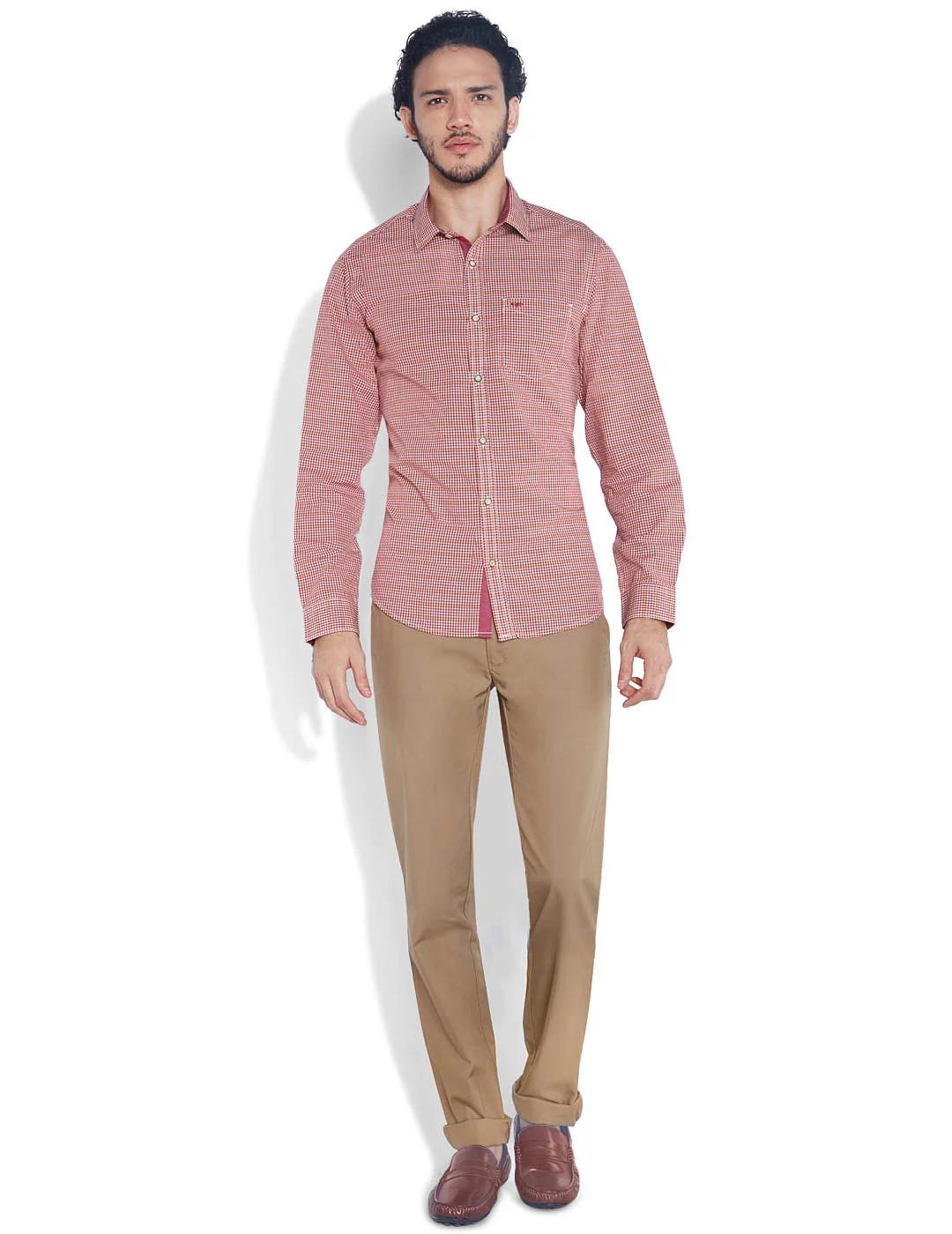 Men Orange Contemporary Fit Checks Cotton Full Sleeve Shirts