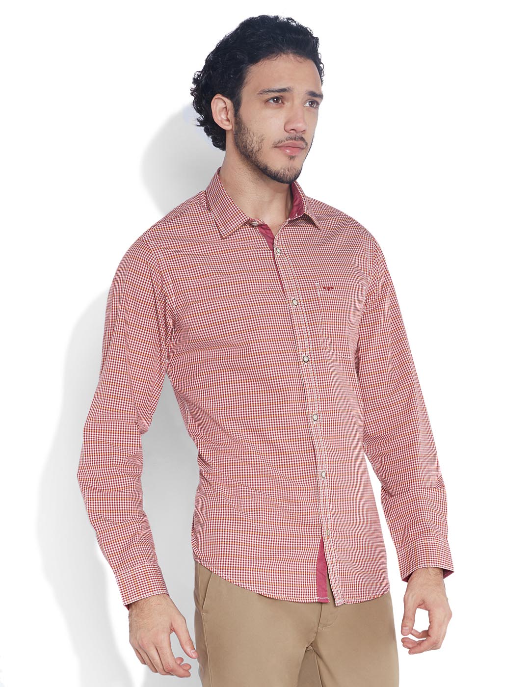 Men Orange Contemporary Fit Checks Cotton Full Sleeve Shirts - Image 4