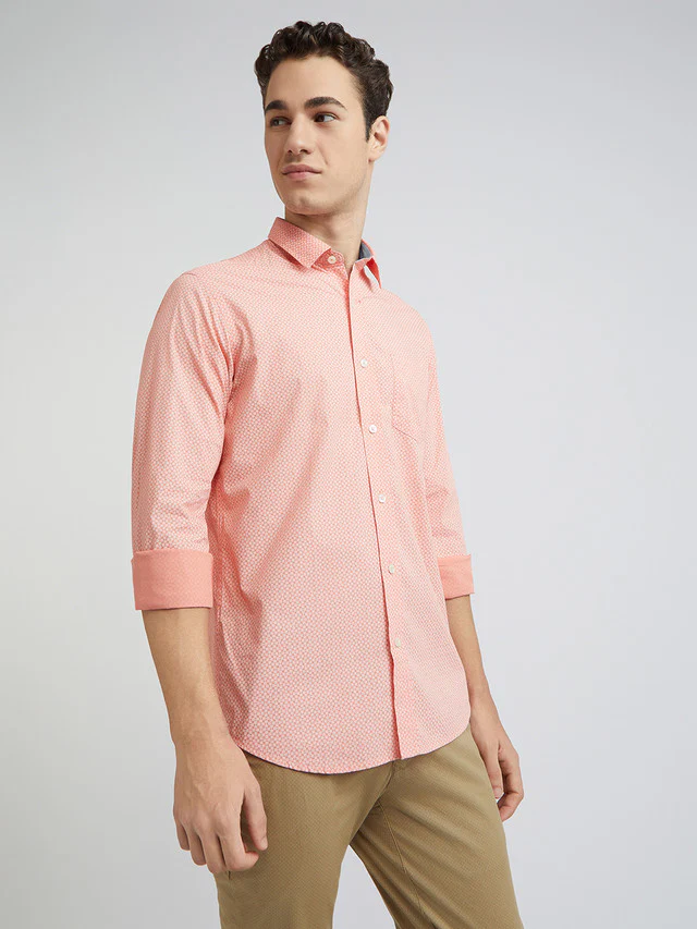 Men Orange Contemporary Fit Print Cotton Full Sleeve Shirts - Image 2
