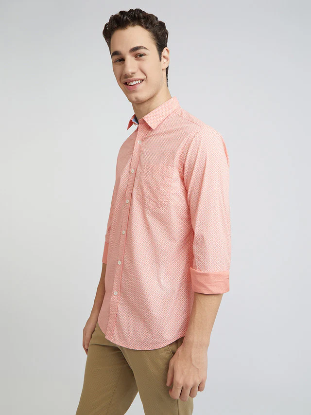 Men Orange Contemporary Fit Print Cotton Full Sleeve Shirts - Image 3