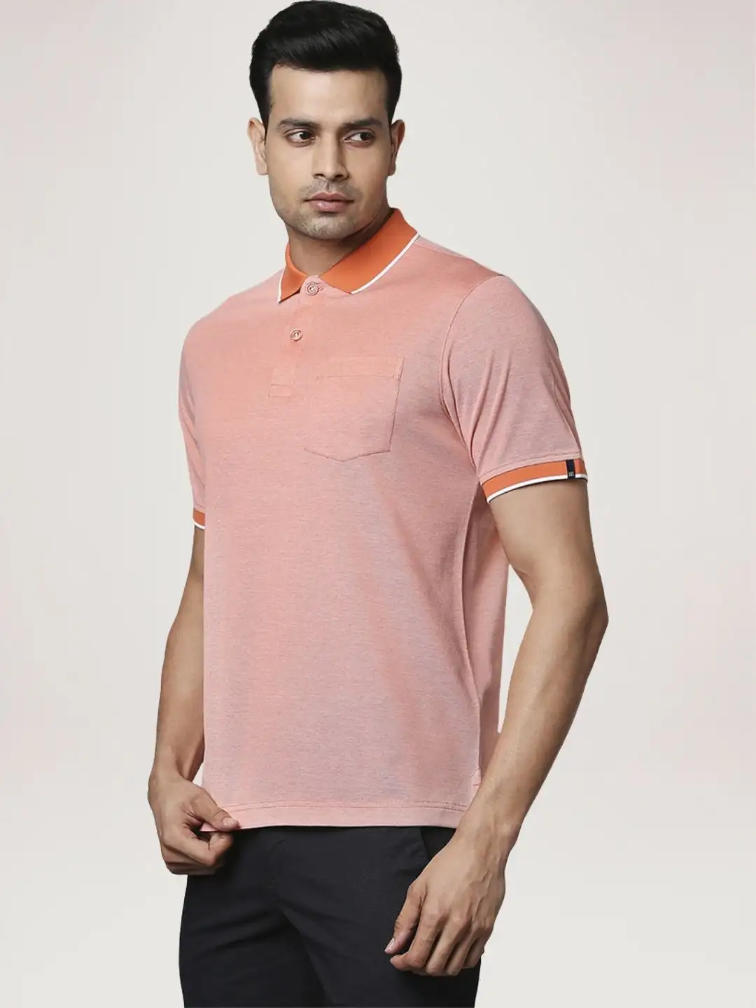 Men Orange Contemporary Fit Yarn Dyed Cotton Polo T-Shirt