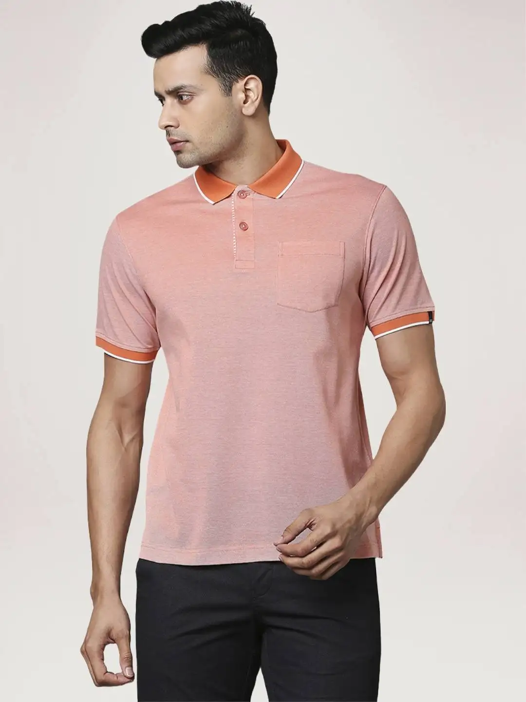 Men Orange Contemporary Fit Yarn Dyed Cotton Polo T-Shirt - Image 3