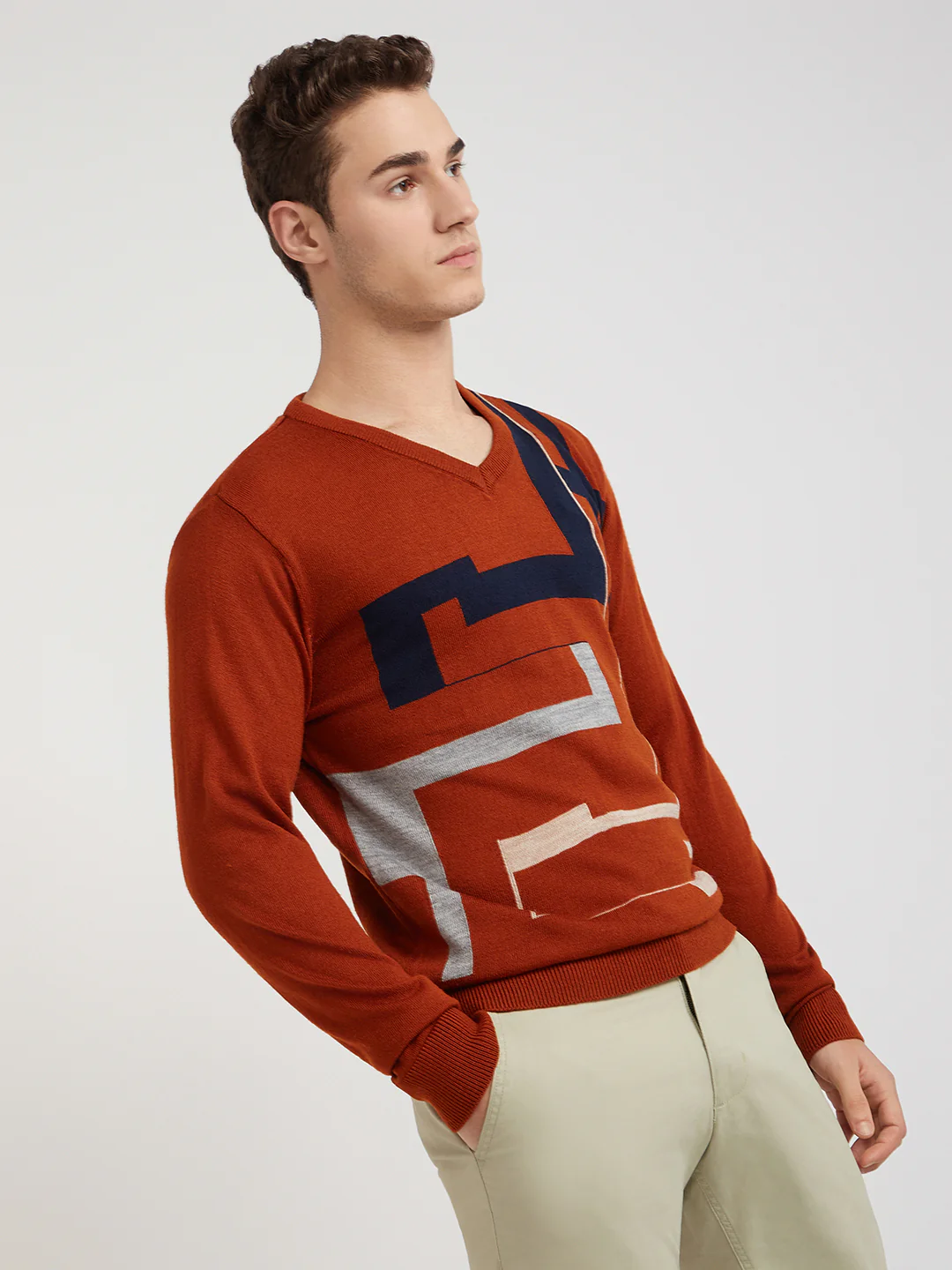 Men Orange Intarsia Acrylic Full Sleeve Sweaters - Image 2