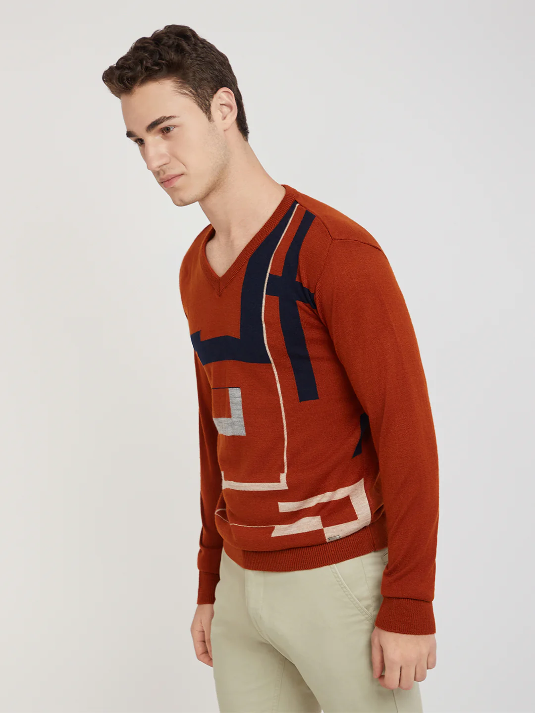 Men Orange Intarsia Acrylic Full Sleeve Sweaters - Image 3