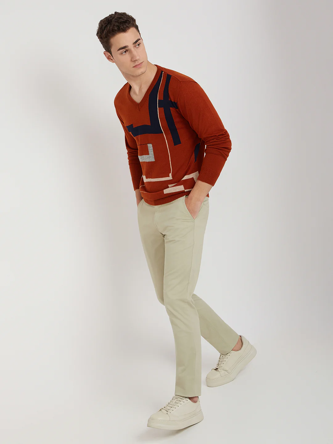 Men Orange Intarsia Acrylic Full Sleeve Sweaters - Image 5
