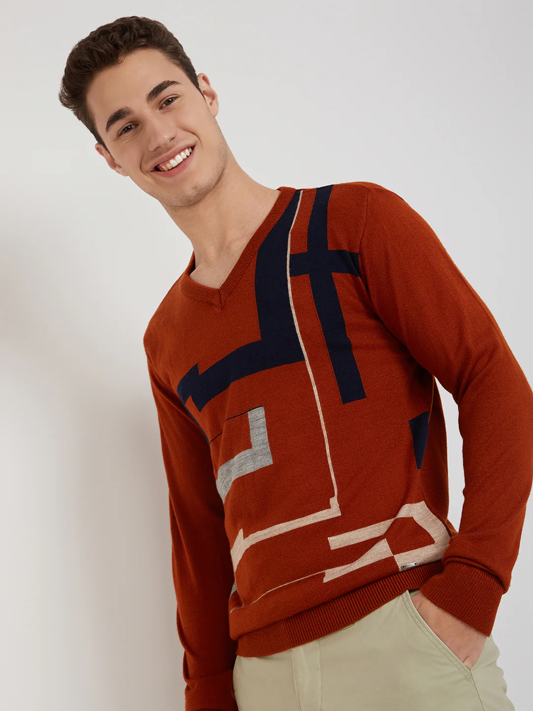 Men Orange Intarsia Acrylic Full Sleeve Sweaters - Image 6