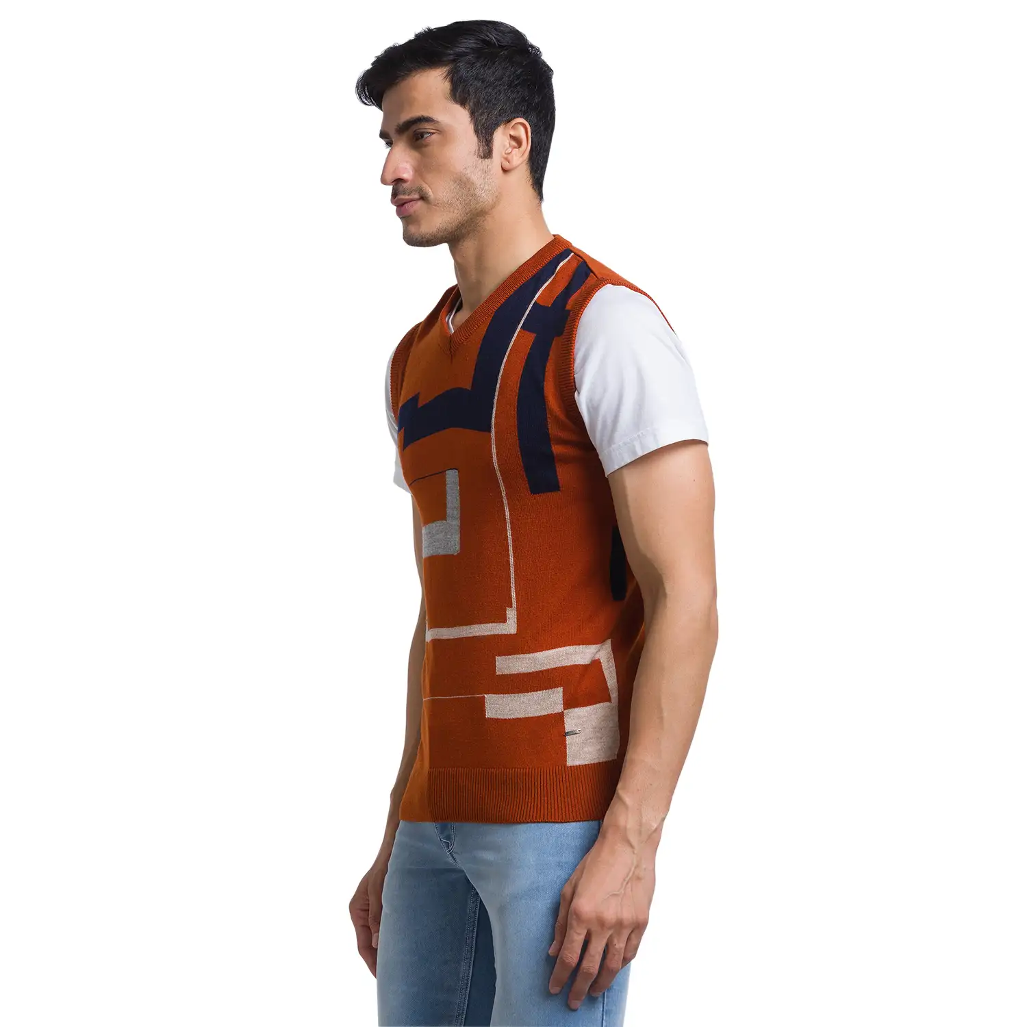 Men Orange Intarsia Acrylic Sleeveless Sweaters - Image 3